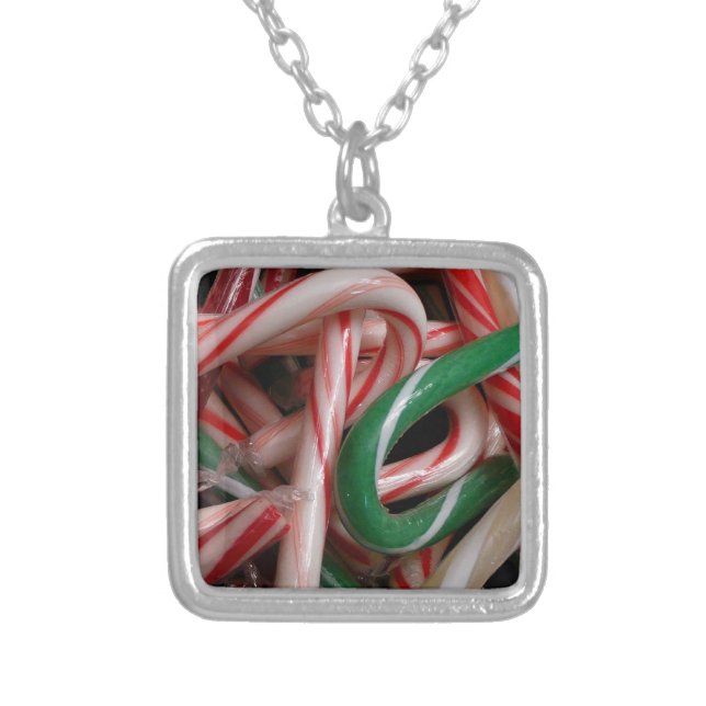 Candy Canes Christmas Holiday White Green and Red Silver Plated Necklace (Front)