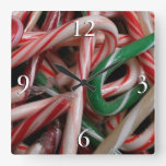 Candy Canes Christmas Holiday White Green and Red Square Wall Clock
