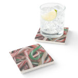 Candy Canes Christmas Holiday White Green and Red Stone Coaster