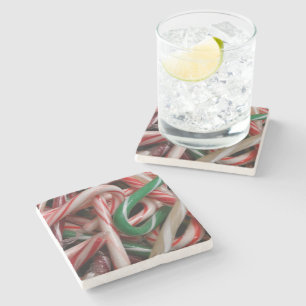 Candy Canes Christmas Holiday White Green and Red Stone Coaster