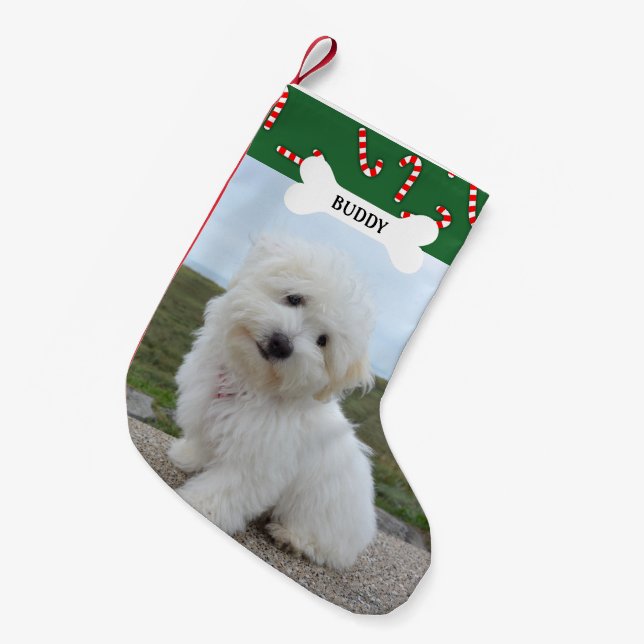 Candy Canes Dog Bone Pet Photo Small Christmas Stocking (Front (Hanging))