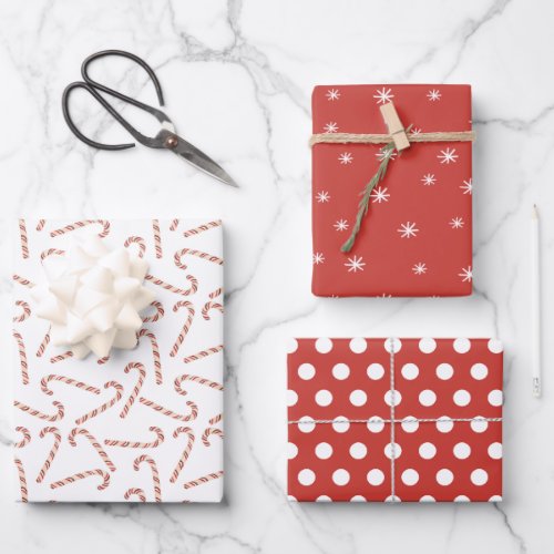 Candy Canes Dots and Snowflakes Red Christmas Wrapping Paper Sheets