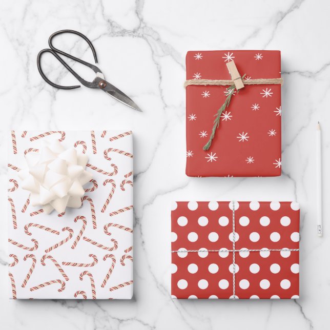 Candy Canes Dots and Snowflakes Red Christmas Wrapping Paper Sheets (Front)