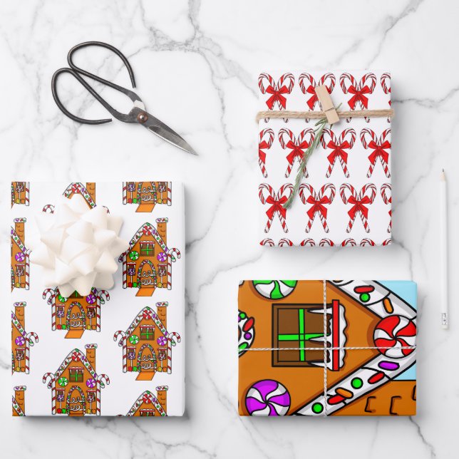 Candy Canes, Gingerbread House Christmas Wrapping Paper Sheets (Front)