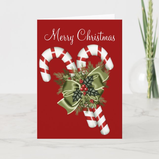 Candy Canes & Green Bow Christmas Card (Front)