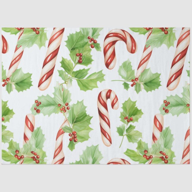 Candy Canes Greenery Winter Berries Christmas Tissue Paper (Front)