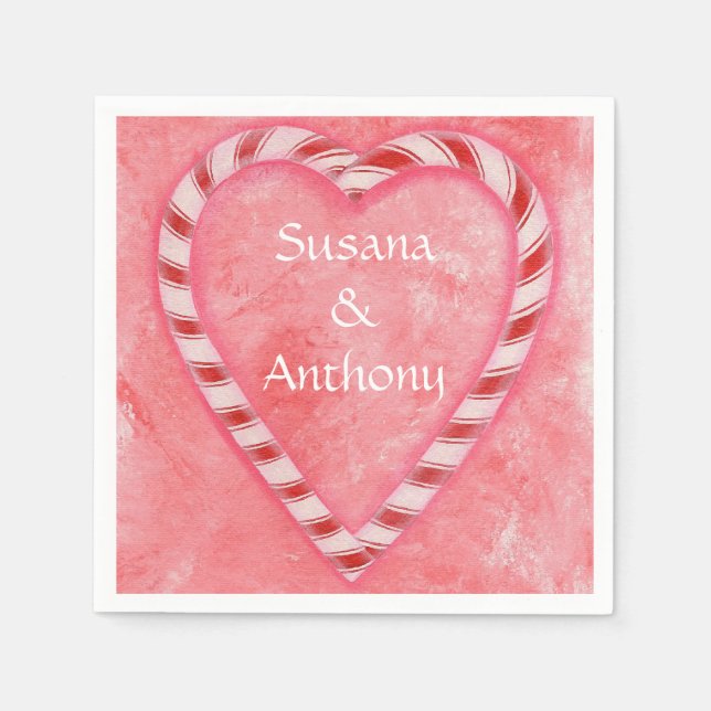 Candy Canes Heart Personalized Wedding Napkins (Front)