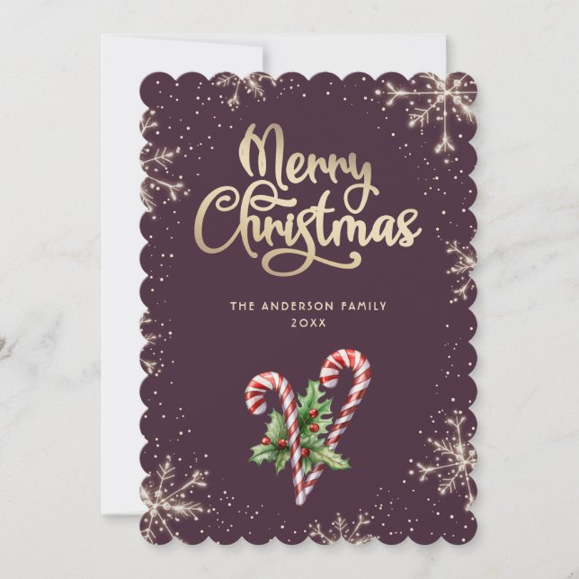 Candy Canes Holly Berries Violet Christmas Card (Front)