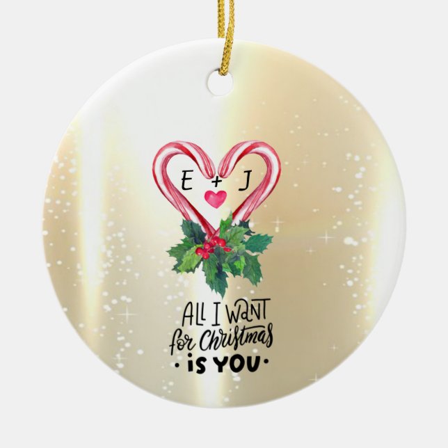Candy Canes,Holly Berry,Gold,Monogram Ceramic Ornament (Front)