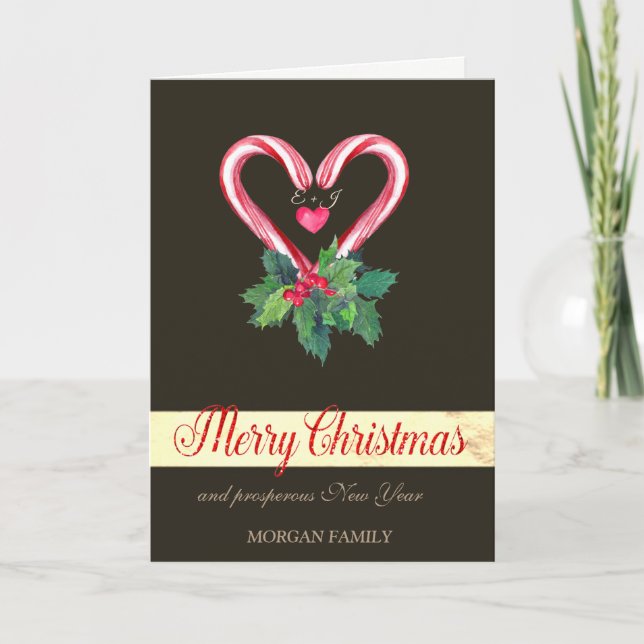 Candy Canes,Holly Berry,Love,Monogram Holiday Card (Front)