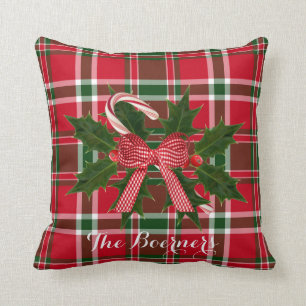 Candy Canes Holly Christmas Throw Pillow