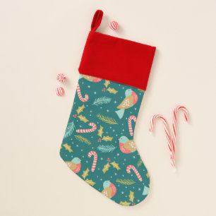 Candy Canes Holly Pine Boughs Birds Christmas Stocking