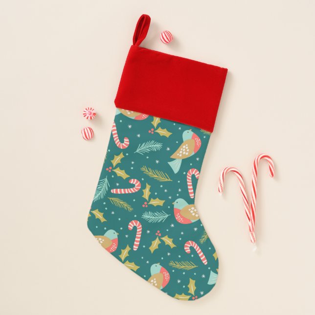 Candy Canes Holly Pine Boughs Birds Christmas Stocking (Front)