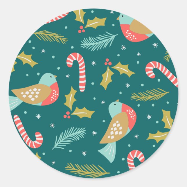 Candy Canes Holly Pine Boughs Birds Classic Round Sticker (Front)
