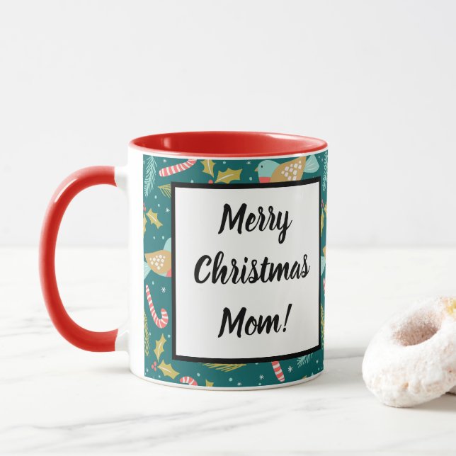 Candy Canes Holly Pine Boughs Birds Mug (With Donut)
