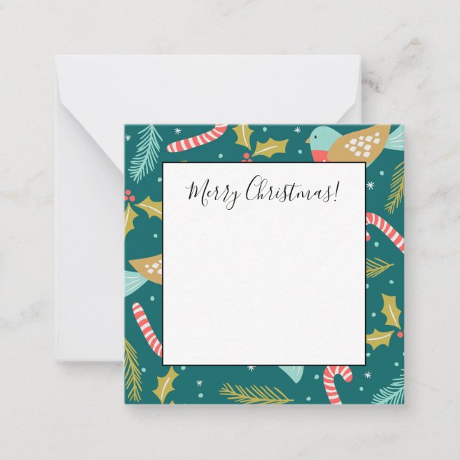 Candy Canes Holly Pine Boughs Birds Note Card (Front)
