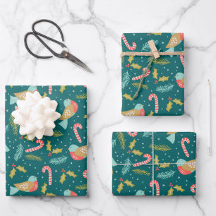 Candy Canes Holly Pine Boughs Birds Wrapping Paper Sheets