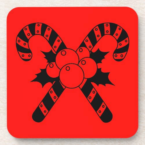 Candy Canes  mistletoe Black Merry Christmas Beverage Coaster