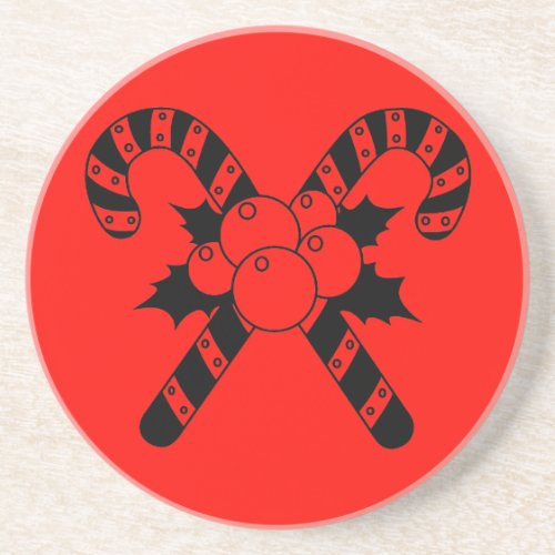 Candy Canes  mistletoe Black Merry Christmas Coaster