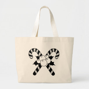 Candy Canes & mistletoe Black Merry Christmas Large Tote Bag