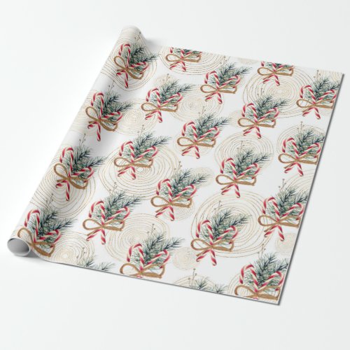 Candy Canes on Gold Circles Wrapping Paper