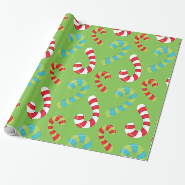 Candy Canes on Green Holiday Wrapping Paper (Unrolled)