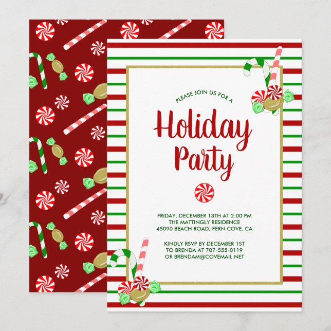 Candy Canes Peppermint Stripes Cute Holiday Party Invitation (Front/Back)