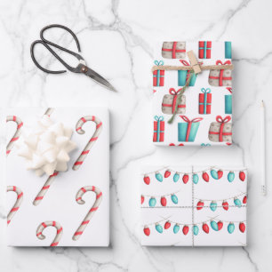 Candy Canes, Presents and Christmas Lights Holiday Wrapping Paper Sheets