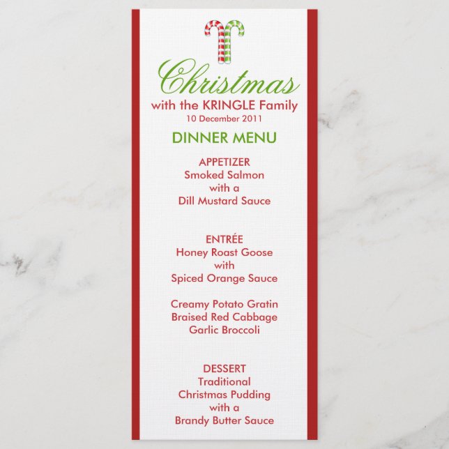 Candy Canes red green Dinner Menu (Front)