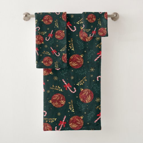 Candy Canes Snowflakes Red Christmas Balls Green Bath Towel Set