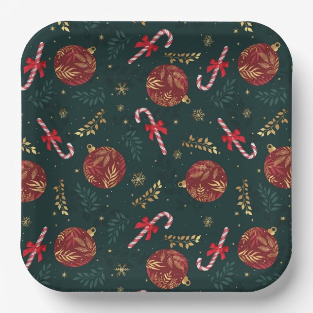 Candy Canes Snowflakes Red Christmas Balls Green Paper Plates (Front)