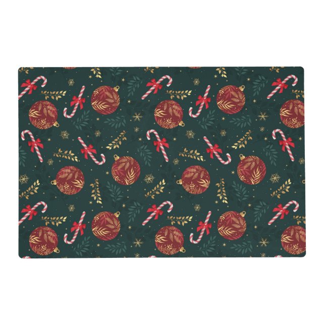 Candy Canes Snowflakes Red Christmas Balls Green Placemat (Front)
