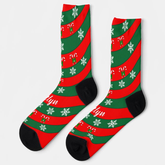 Candy Canes & Snowflakes Red & Green Christmas Socks (Left)