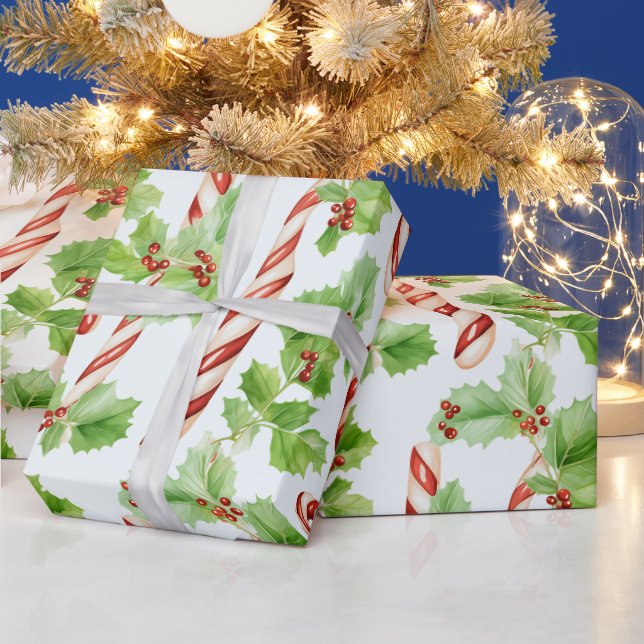 Candy Canes Winter Berries Green Modern Christmas Wrapping Paper (Holidays)