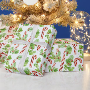 Candy Canes Winter Berries Green Modern Christmas Wrapping Paper
