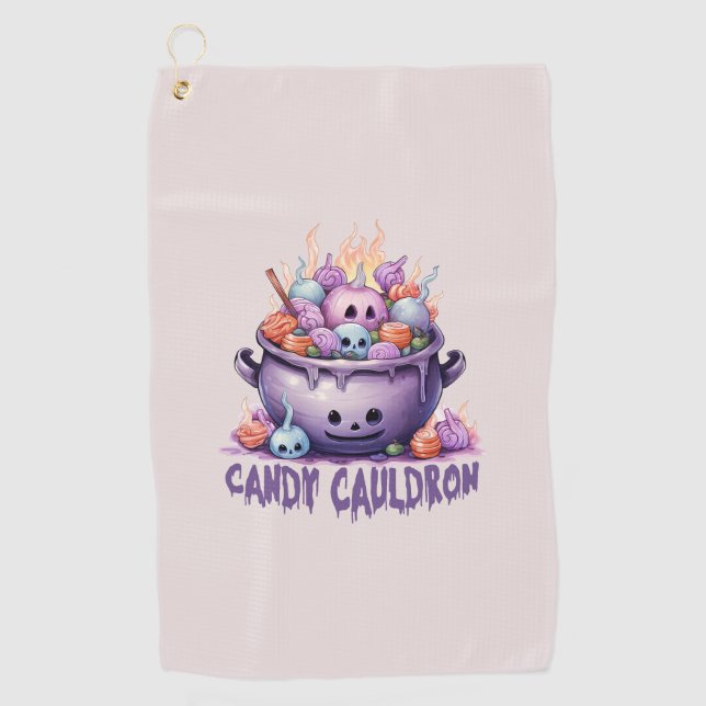 Candy Cauldron – Pastel Purple Halloween Treats Golf Towel (Front)