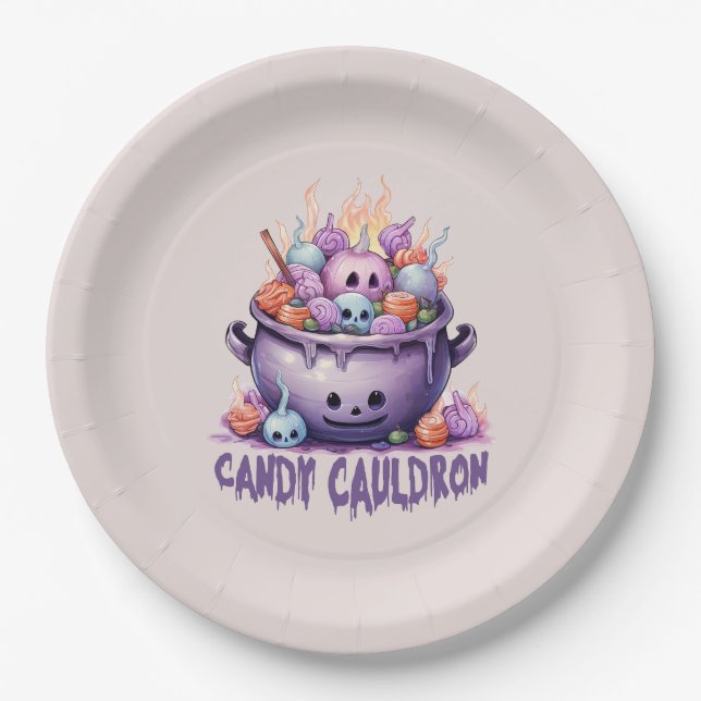 Candy Cauldron – Pastel Purple Halloween Treats Paper Plates (Front)