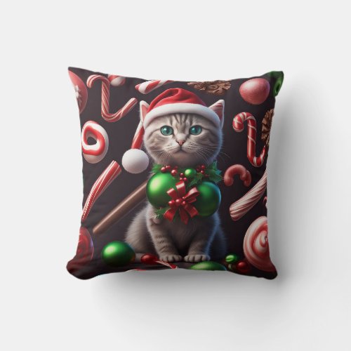 Candy Christmas Cat Square Pillow