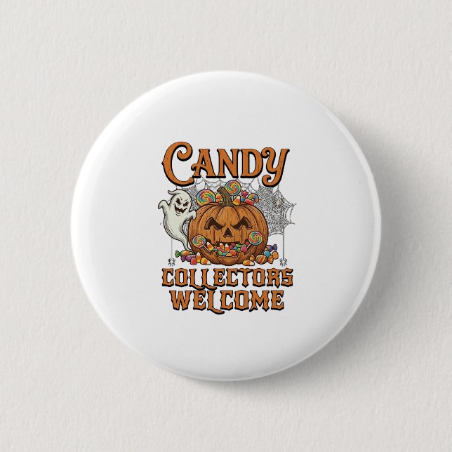Candy Collectors Welcome Pumpkin Ghost Spider Web Button (Front)