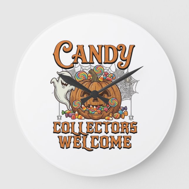 Candy Collectors Welcome Pumpkin Ghost Spider Web Large Clock (Front)