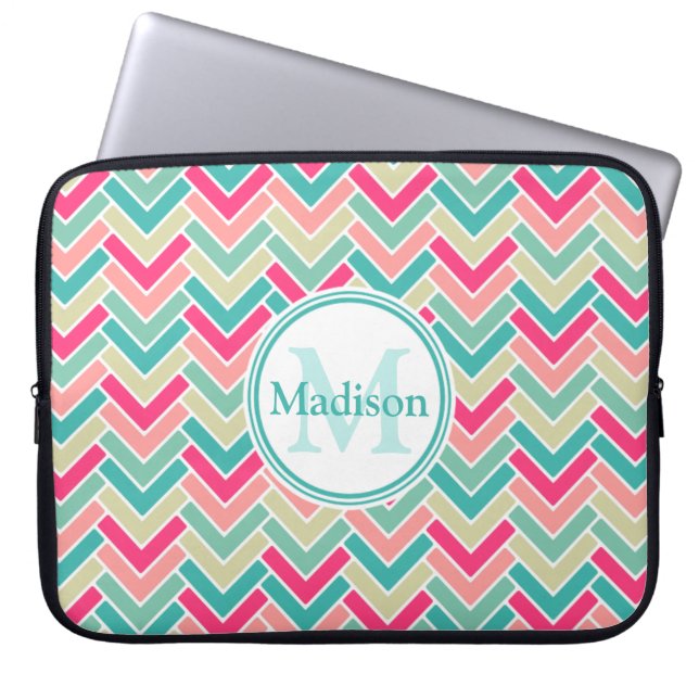 Candy Color Chevron Pattern and Monogram Laptop Sleeve (Front)