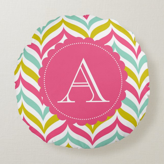 Candy Colored Chevron Waves Monogram Round Round Pillow (Front)