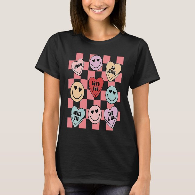 Candy Conversation Hearts Retro Groovy Valentines  T-Shirt (Front)
