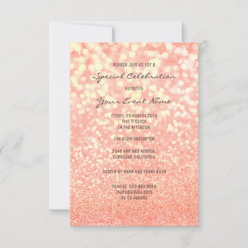 Candy Coral Gold Glitter Champaign Foxier Sparkly Invitation