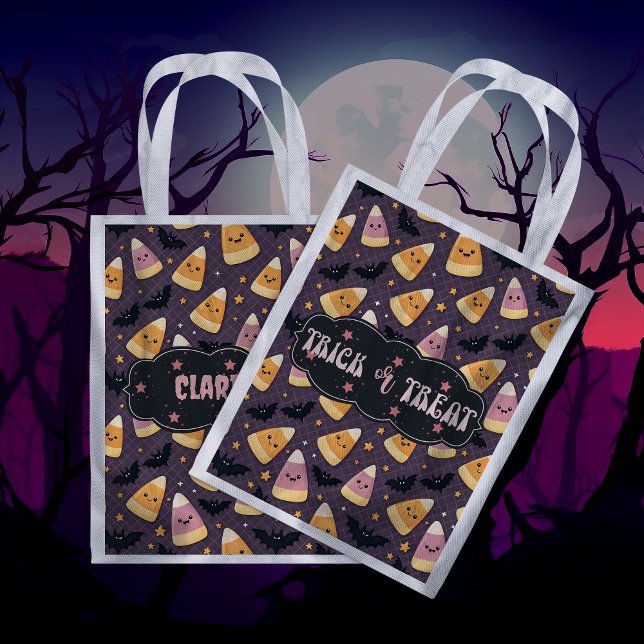 Candy Corn and Bats Trick Or Treat Personalizable Grocery Bag (Creator Uploaded)