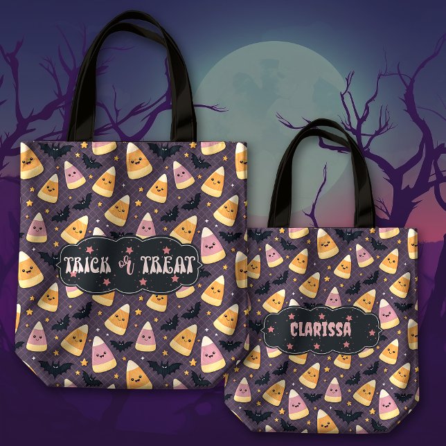 Candy Corn and Bats Trick Or Treat Personalizable Tote Bag (Creator Uploaded)