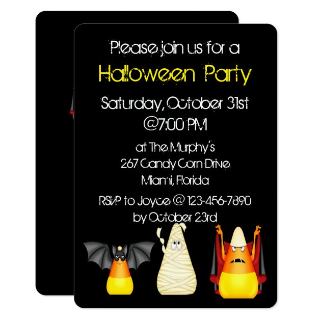 Candy Corn Bat Dracula Mummy Halloween Invitation