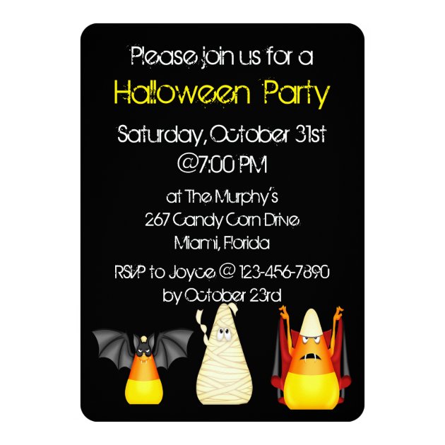 Candy Corn Bat Dracula Mummy Halloween Invitation