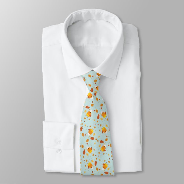 Candy Corn Characters Under Falling Leaves Pattern Neck Tie (Tied)