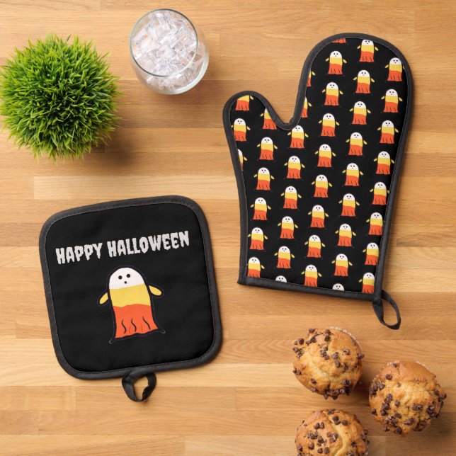 Candy Corn Ghost Oven Mitt & Pot Holder Set (Top Down)